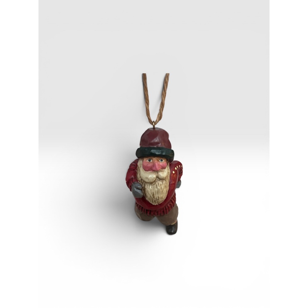 Vintage 2001 BIC Ice Skating Santa Christmas Ornament Red Sweater Folk Art